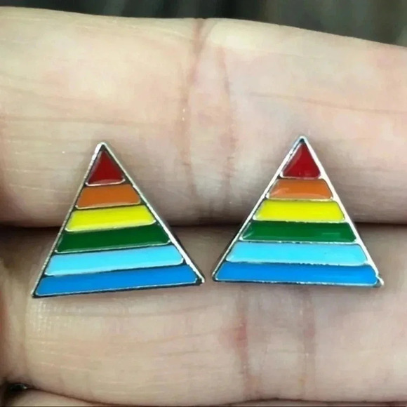 Rainbow Triangle Silver Enamel Stud Earrings Pride LGBTQ - Picture 1 of 3